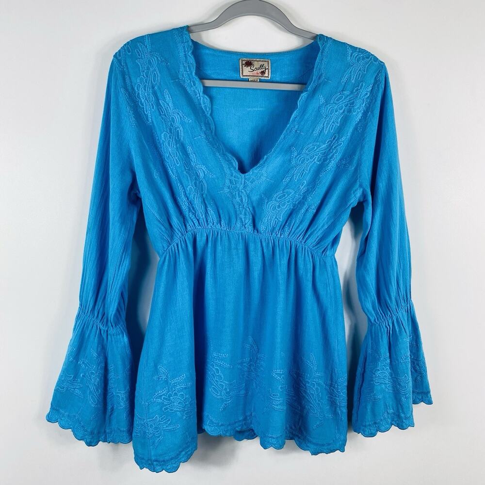 Scully Top Women's Small Blue Embroidered Long Sleeve V-Neck Tunic